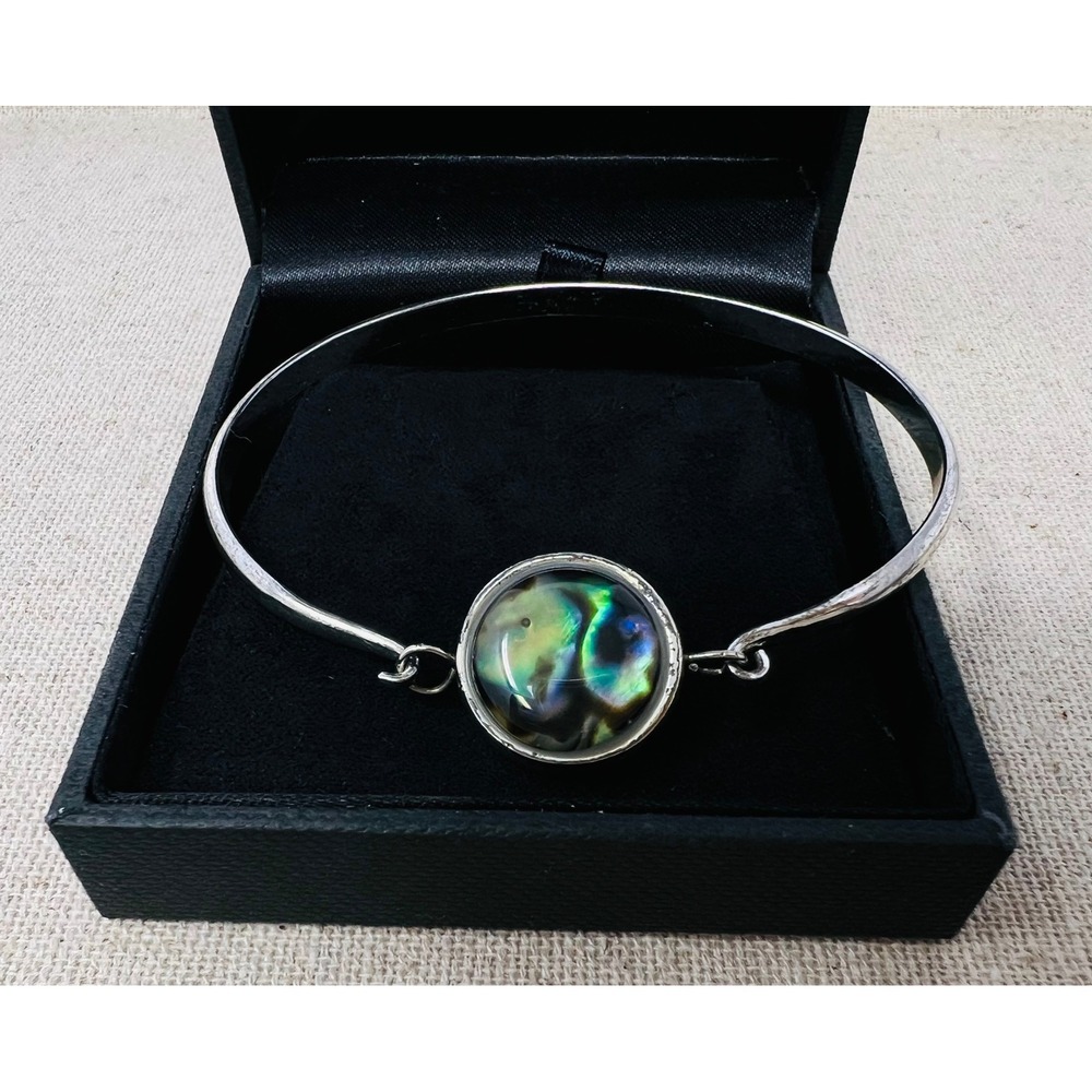 Sterling Silver Reversible Bangle Abalone Shell Yellow Cats Eye Bracelet